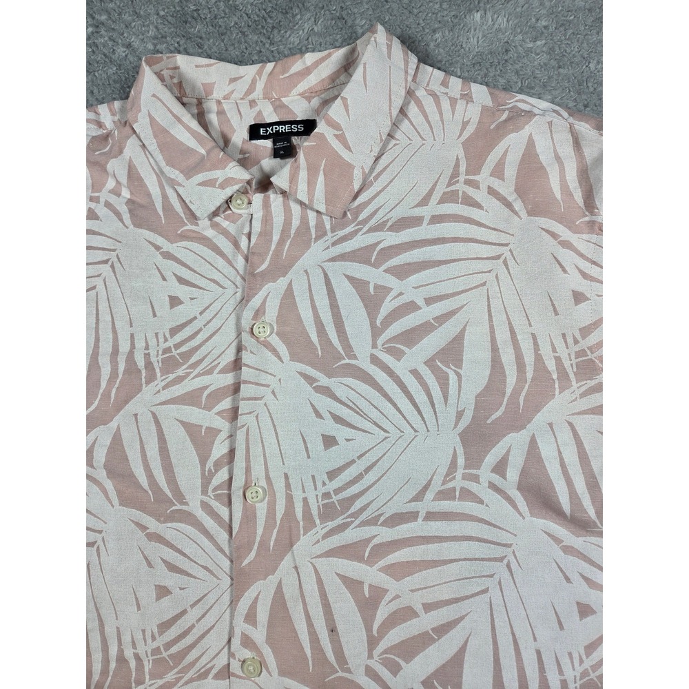 Express Mens XL Palm Leaf Print Button Down Short Sleeve Shirt Pink‎ Tropical